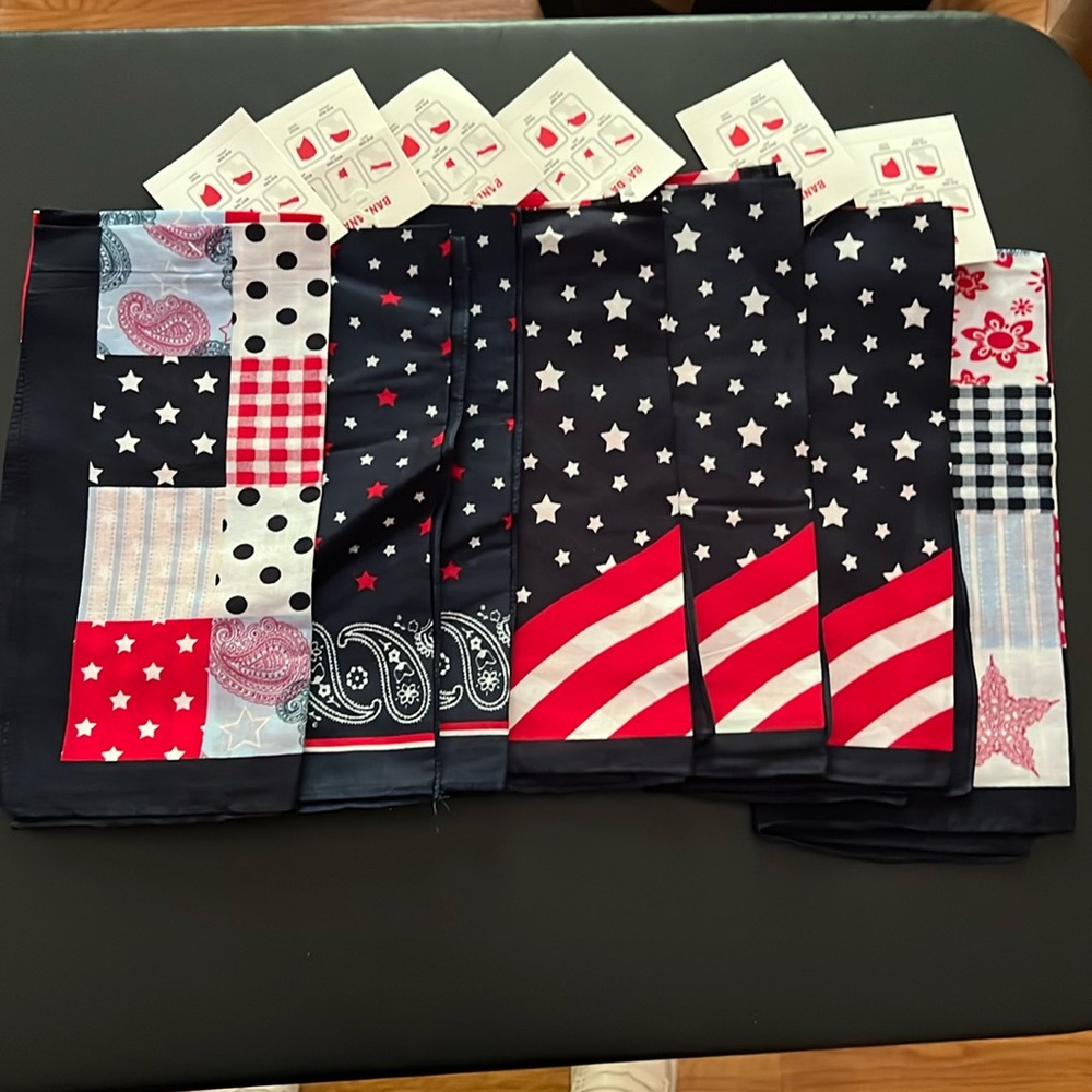 6 Bandanas small square scarves 22”x22” Cotton red white blue  patriotic! NWT
